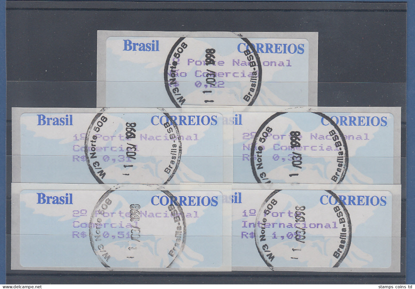 Brasilien ATM Taube, Mi.-Nr. 7, 3-stelliger Werteindruck, Satz 5 Werte Orts-O - Vignettes D'affranchissement (Frama)