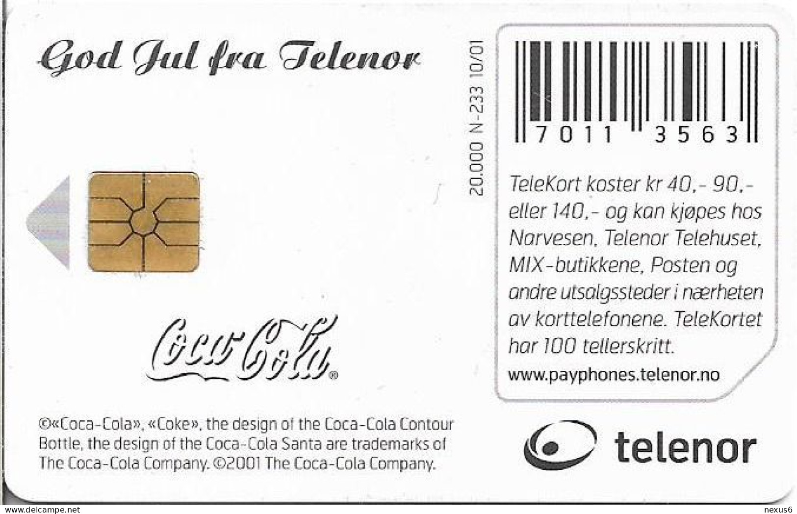 Norway - Telenor - Santa Claus With Coca Cola - N-233 - 10.2001, 20.000ex, Used - Norvège