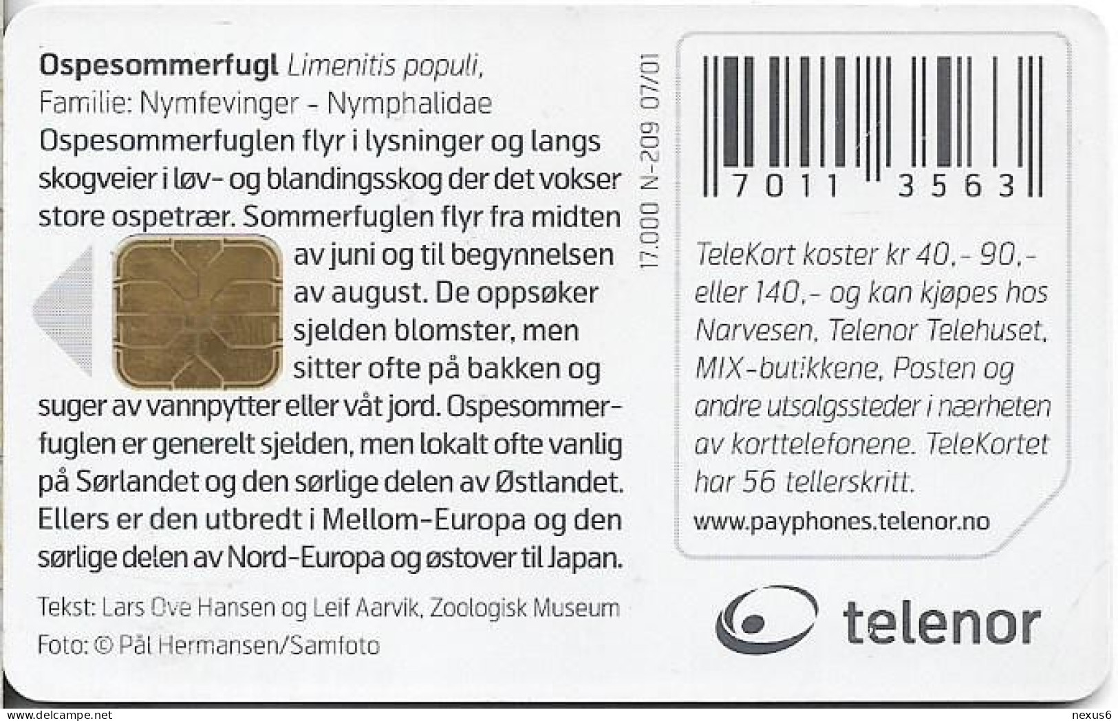 Norway - Telenor - Butterfly - Ospesommerfugl - N-209 - 07.2001, 17.000ex, Used - Norvège