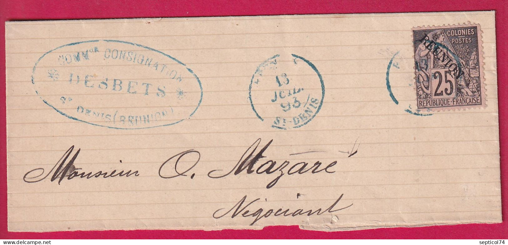 LA REUNION N°24 CAD BLEU ST DENIS 1893 SUR FRAGMENT DE LETTRE - Storia Postale