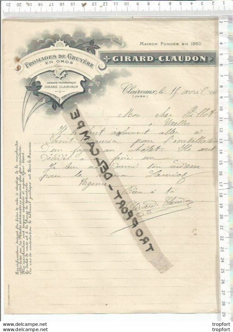 FACTURE ANCIENNE 1914 GIRARD CLAUDON FROMAGERIE DE GRUYERE / CLAIRVEAUX JURA - Rechnungen