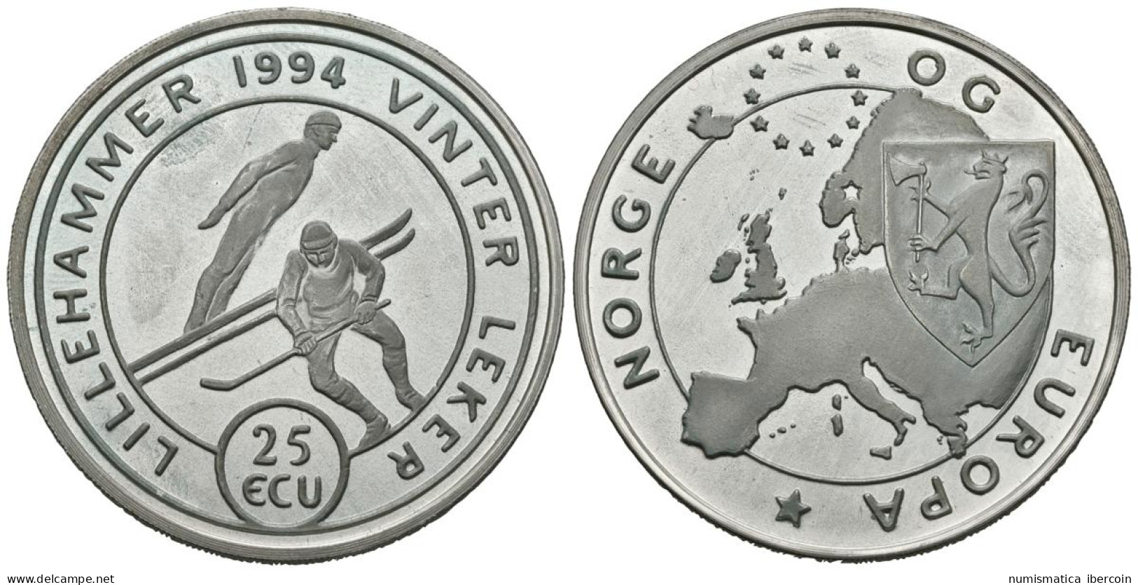 NORUEGA. 25 Ecu. Juegos De Invierno De Lillehammer. 1994. (Ar. 24,90g/38,0mm).  - Other & Unclassified