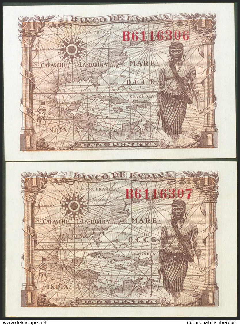 1 Peseta. 15 De Junio De 1945. Pareja Correlativa. Serie B. (Edifil 2021: 448a) - Sonstige & Ohne Zuordnung