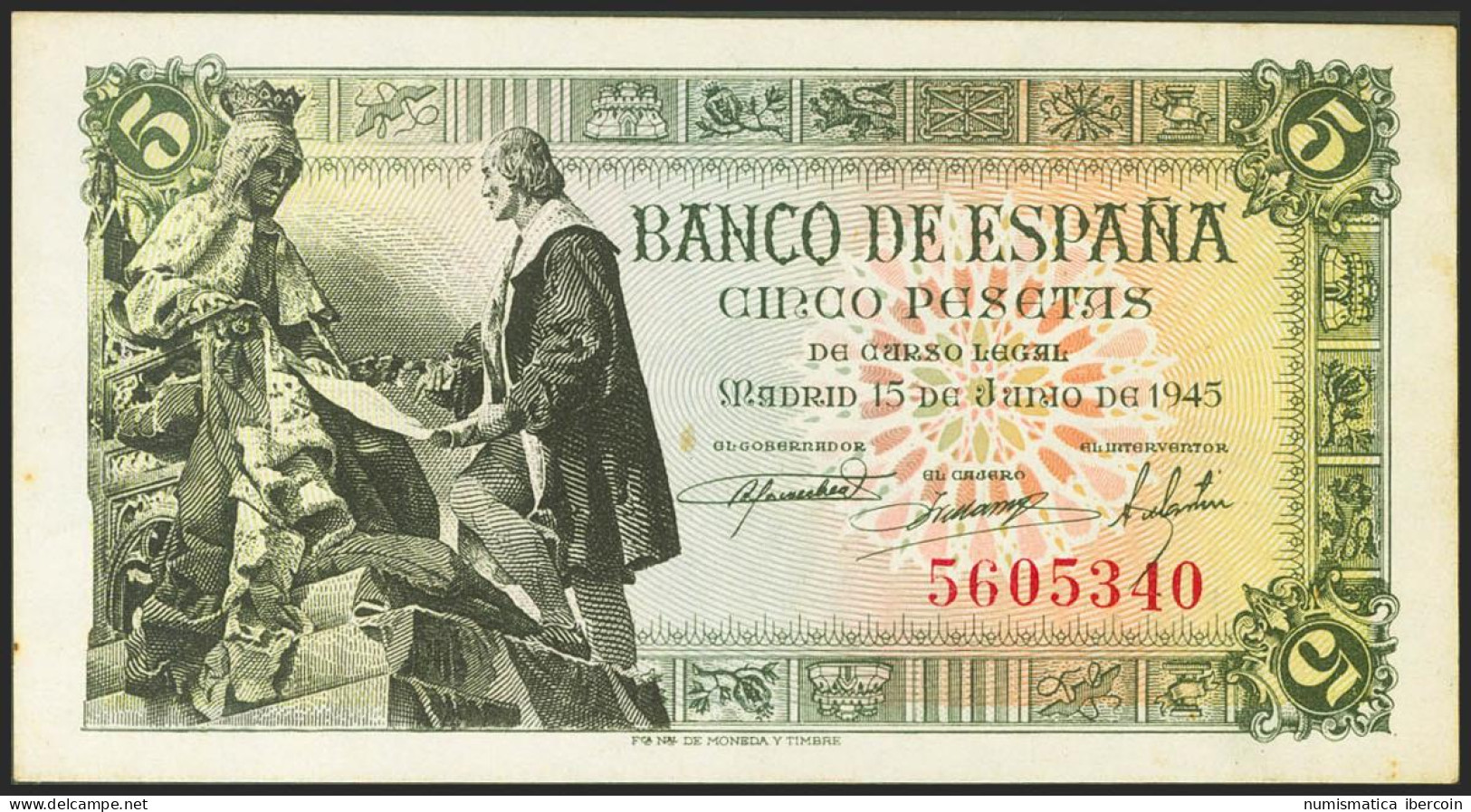 5 Pesetas. 15 De Junio De 1945. Sin Serie. (Edifil 2021: 449). Apresto Original - Sonstige & Ohne Zuordnung