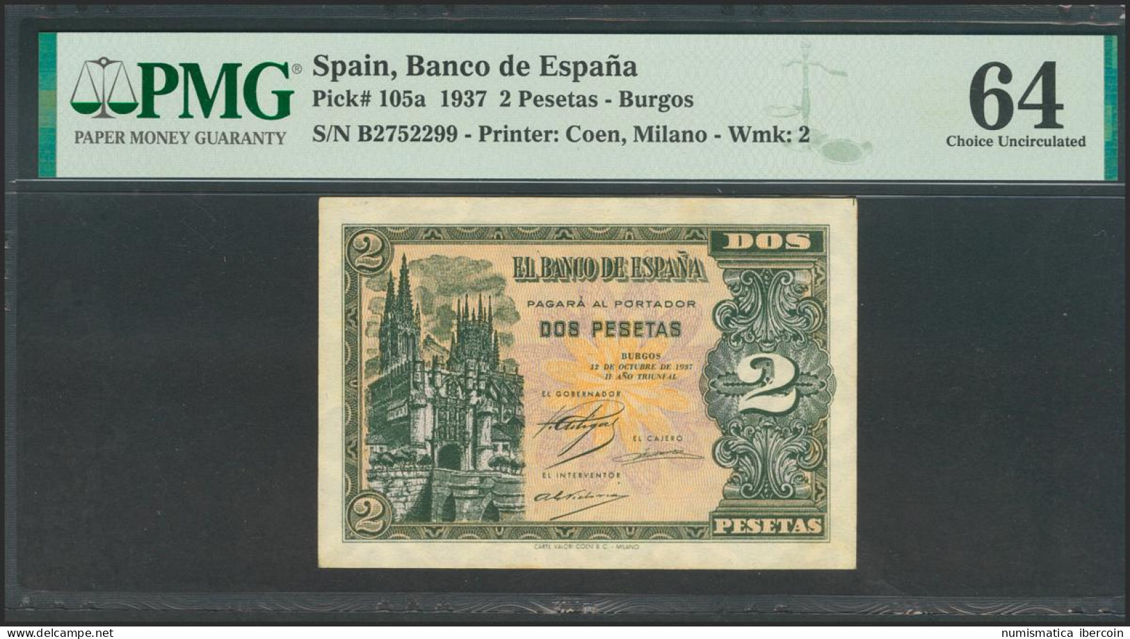 2 Pesetas. 12 De Octubre De 1937. Serie B. (Edifil 2017: 426a). SC. Encapsulado - Sonstige & Ohne Zuordnung