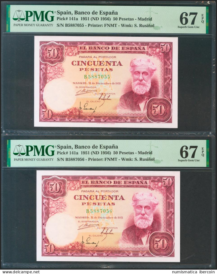 50 Pesetas. 31 De Diciembre De 1951. Pareja Correlativa. Serie B. (Edifil 2021: - Autres & Non Classés