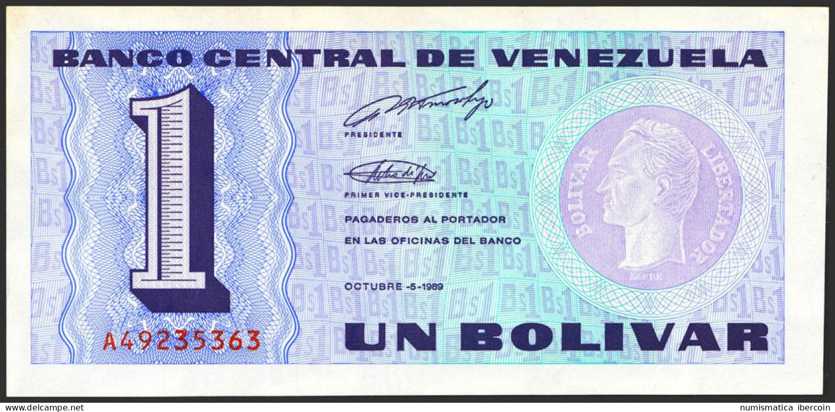 VENEZUELA. 1 Bolívar. 5 De Octubre De 1989. Signatures: Pedro R. Tirico Hijo An - Autres & Non Classés