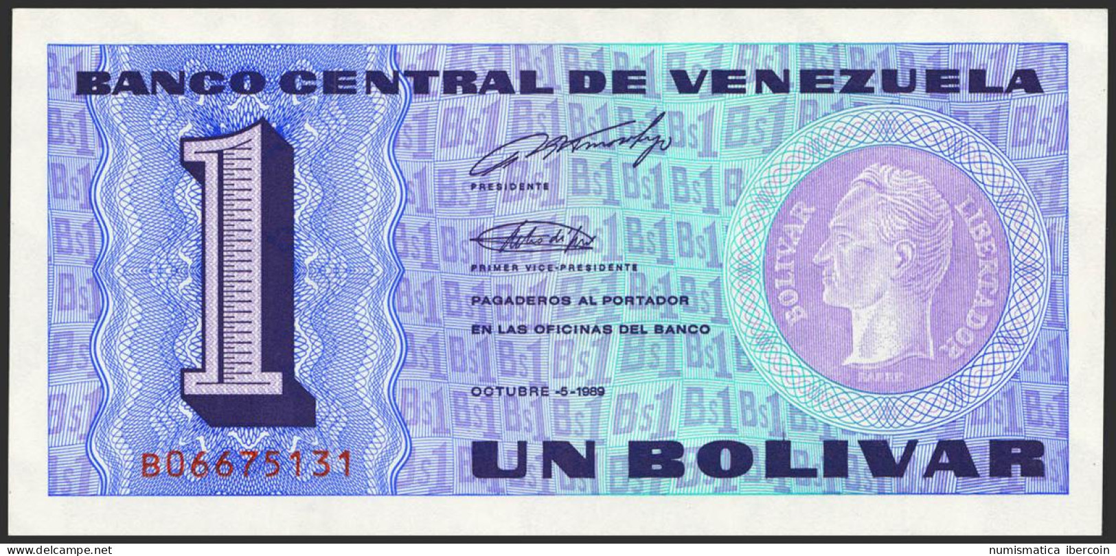 VENEZUELA. 1 Bolívar. 5 De Octubre De 1989. Firmado Por Pedro R. Tirico Hijo Y  - Autres & Non Classés