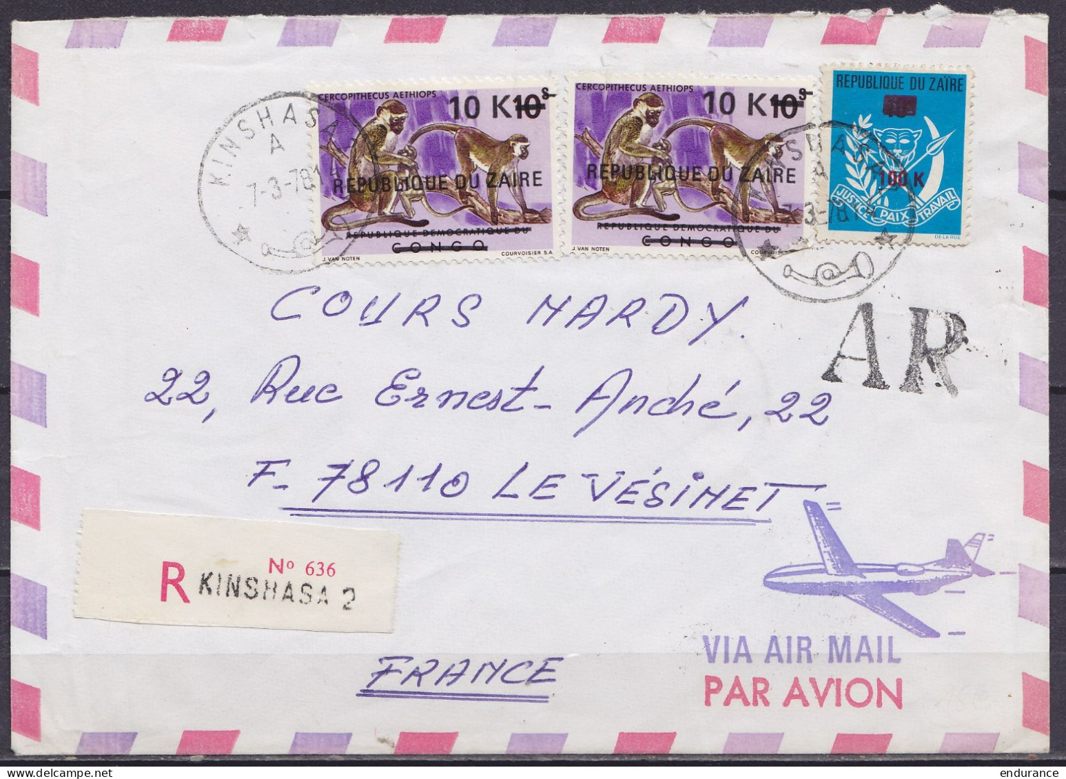 Zaïre - Env. Recommandée AR Par Avion Affr. 120K Càd KINSHASA /-7-3-1978 Pour LE VESINET France (au Dos: Càd Arrivée LE  - Oblitérés