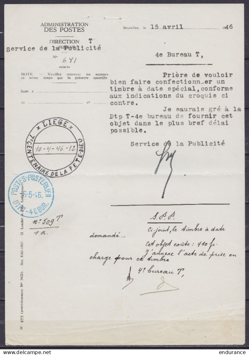 Note Interne Des Postes Datée 15 Avril 1946 Concernant La Confection D'un Timbre à Date Spéciale "Liège / Fête-Dieu"  - Briefe U. Dokumente