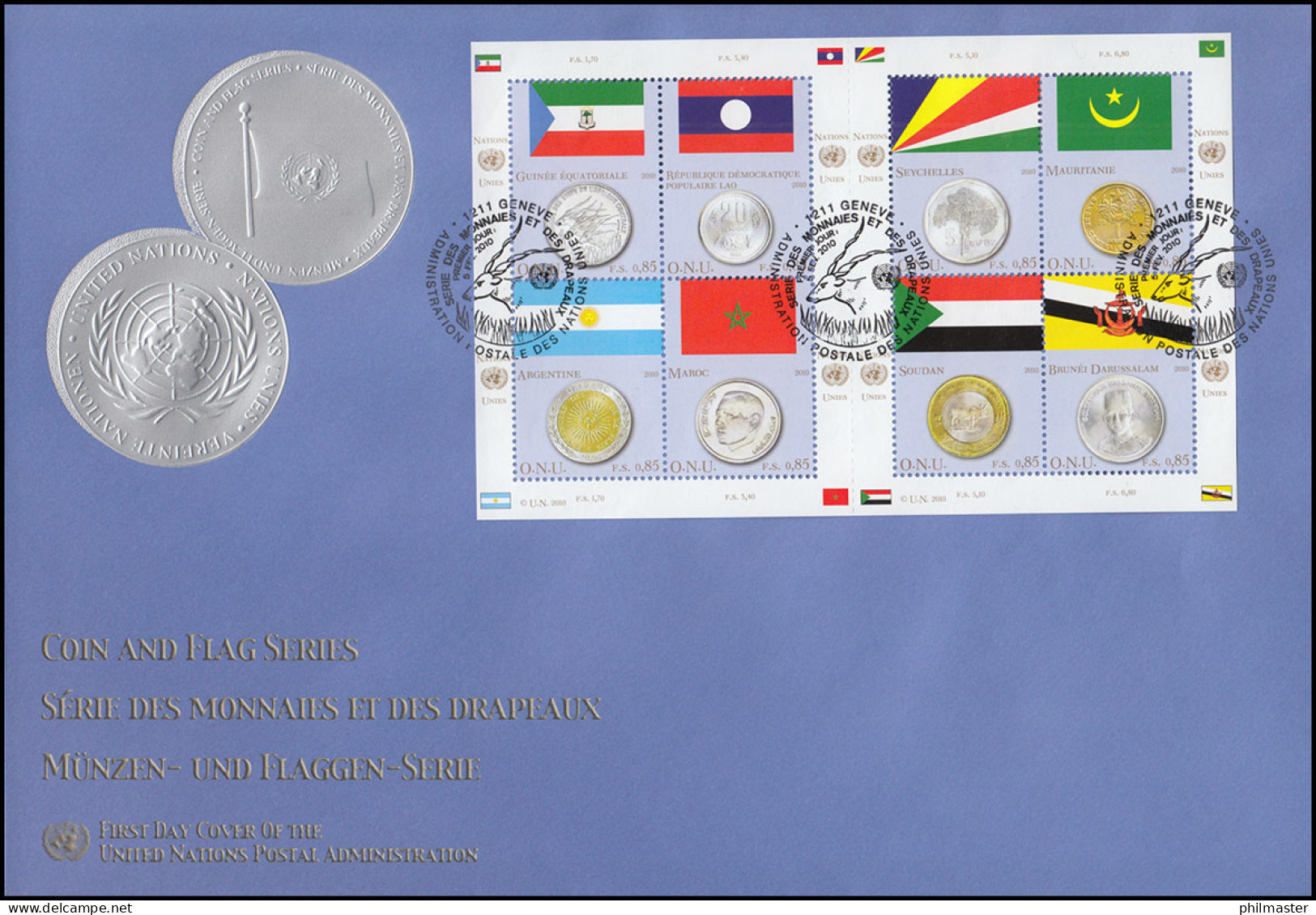 UNO Genf 673-680 Flaggen Und Münzen 2010: Kleinbogen Auf Schmuck-FDC ESSt Genf  - Monnaies