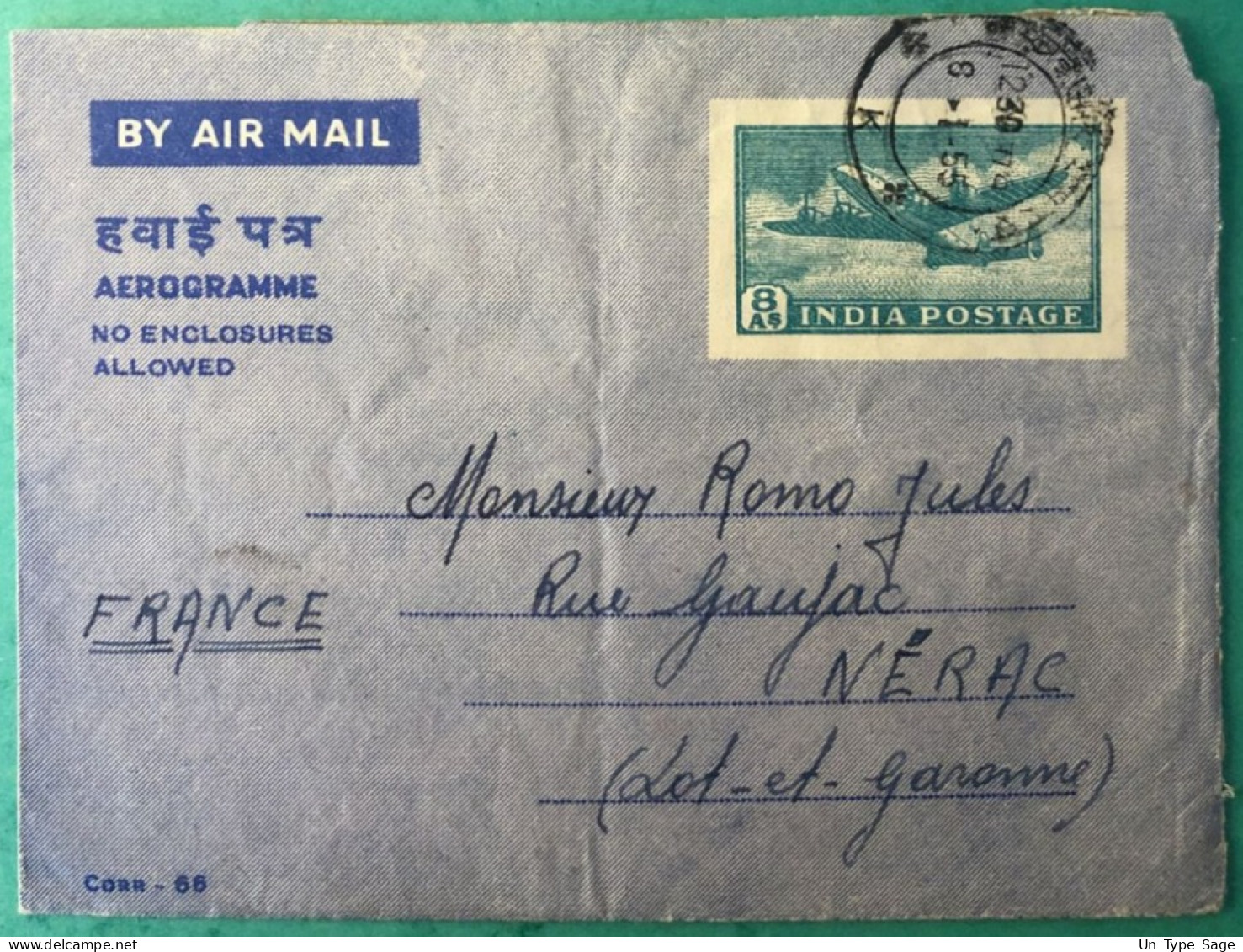 Inde, Aérogramme 9.1.1955 Pour La France - (A1220) - Aerogramme