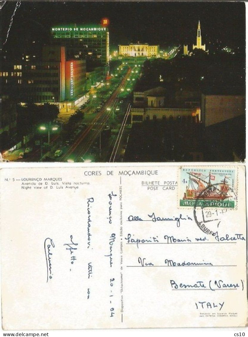 Mocambique Lourenco Marques Maputo Av.Luis - Night View - Color Pcard 20jan1964 With Ship 4$ Solo - Mozambique