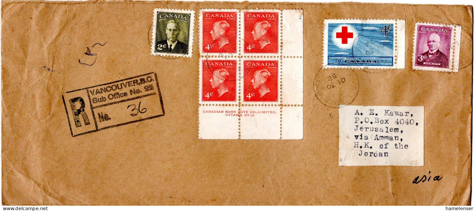 L77226 - Canada - 1952 - 4¢ KGVI 田 M Druckvermerk MiF A R-Bf VANCOUVER -> JERUSALEM (Jordanien) - Lettres & Documents