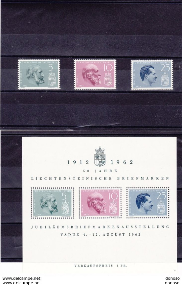 LIECHTENSTEIN 1962 EXPOSITION PHILATELIQUE Yvert 367-369 + BF 1, Michel 415-417 + Bl 6 NEUF** MNH Cote Yv 22 Euros - Ungebraucht