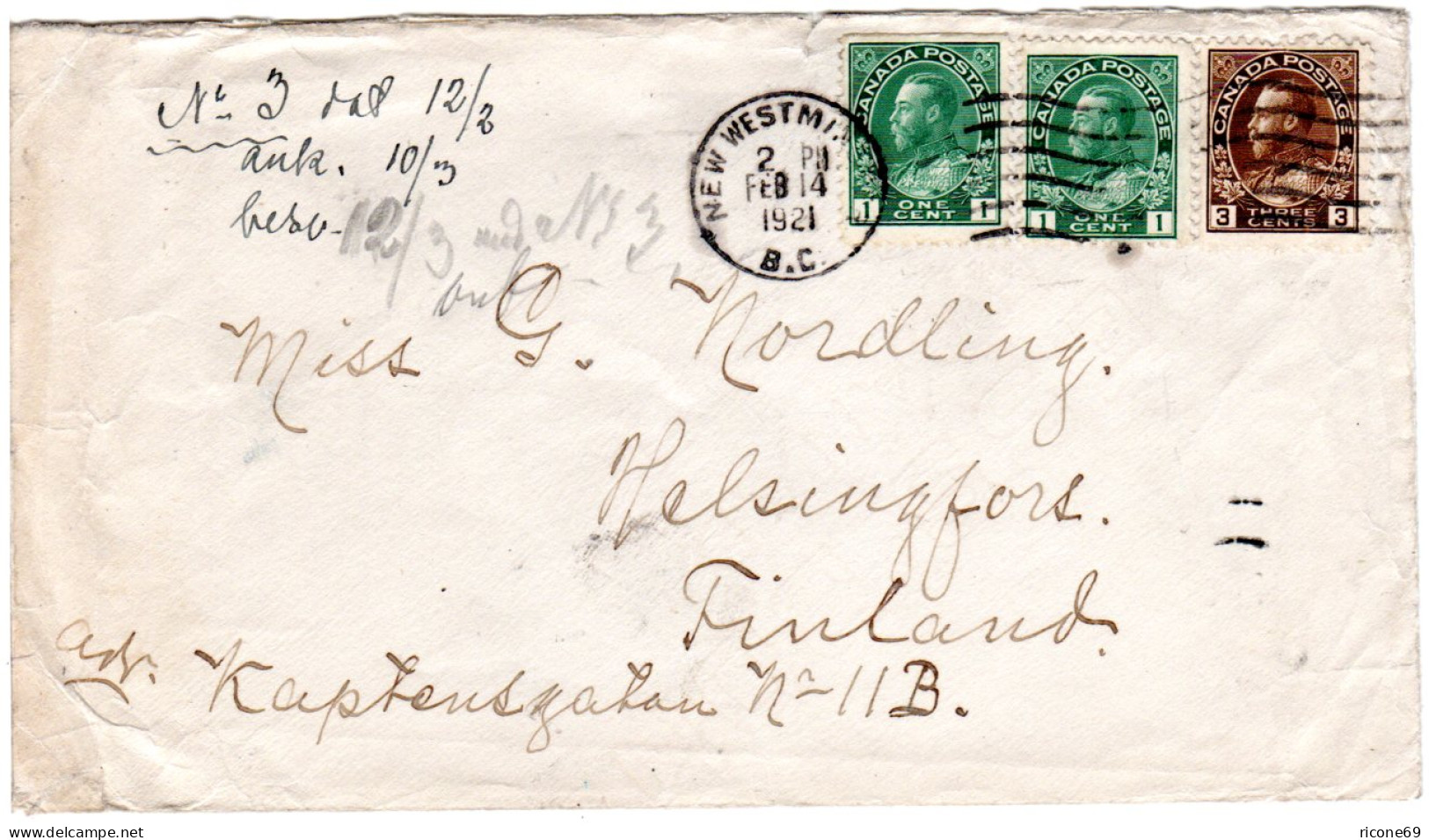 Kanada 1921, 3+2x1 C. Auf Brief V. New Westminster N. Finnland. Destination! - Postgeschichte