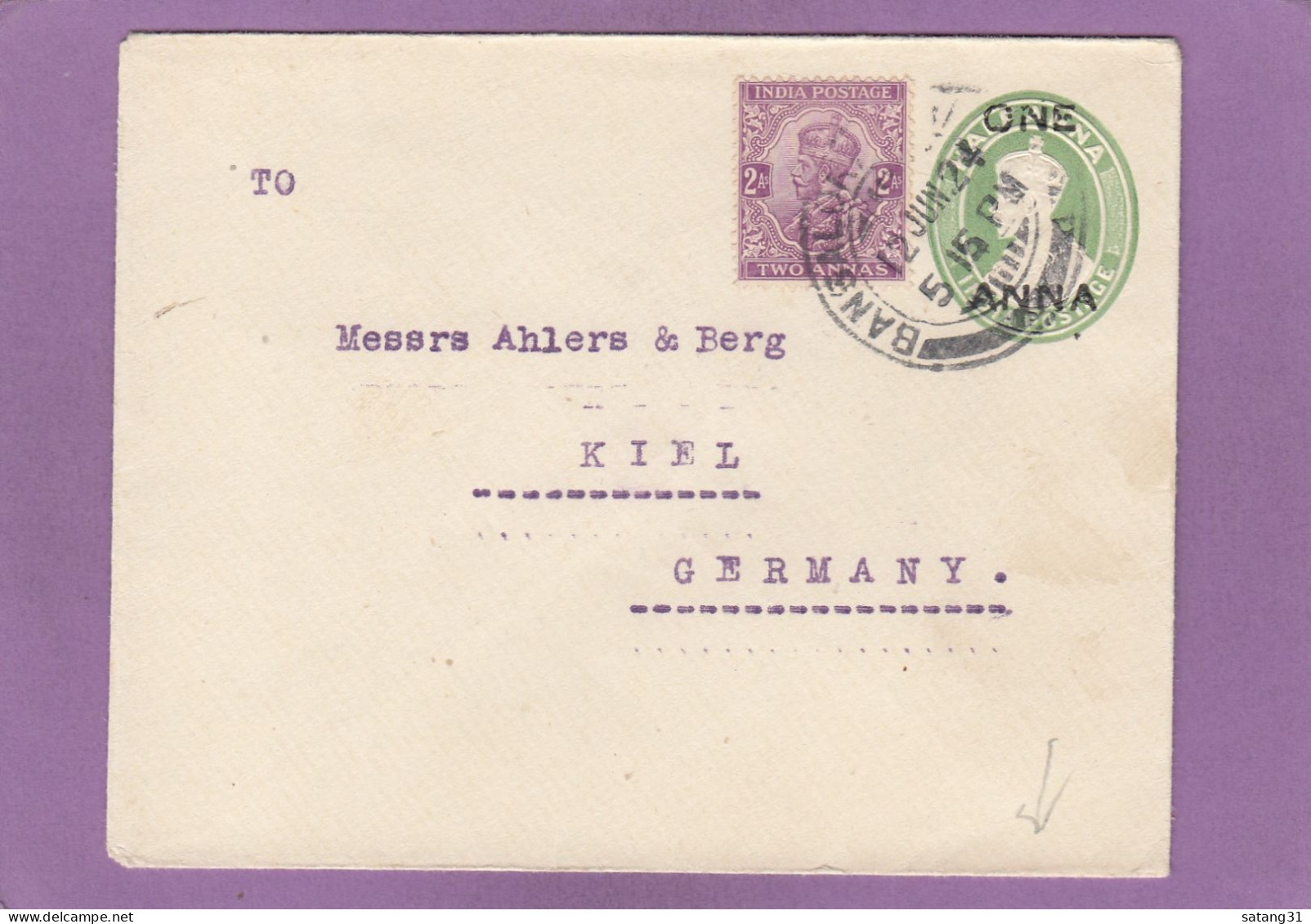 ENTIER POSTAL AVEC AFFRANCHISSEMENT COMPLEMENTAIRE DE BANGALORE POUR KIEL,ALLEMAGNE.CACHET ROUGE DE KIEL.STPL. KIEL IN R - 1911-35 Koning George V