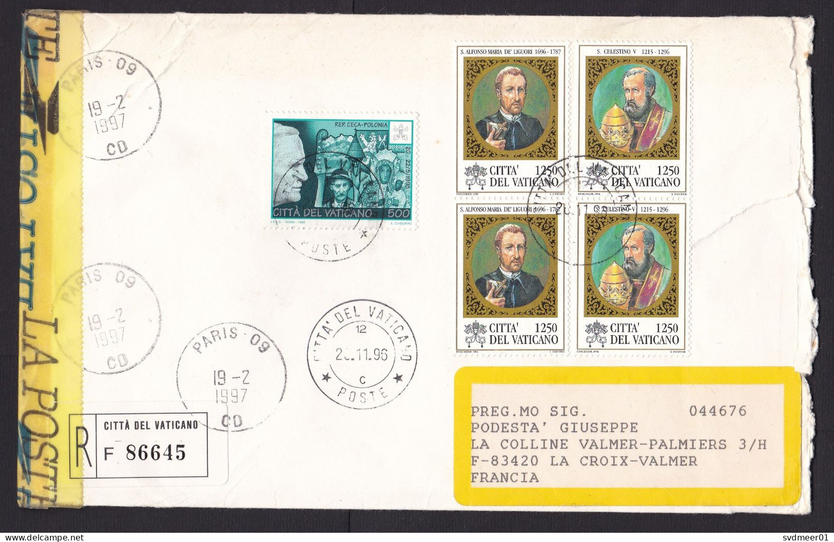 Vatican: Registered Cover To France, 1996, 5 Stamps, History, C1 Customs Label, Control Cancel & Tape (damaged) - Briefe U. Dokumente