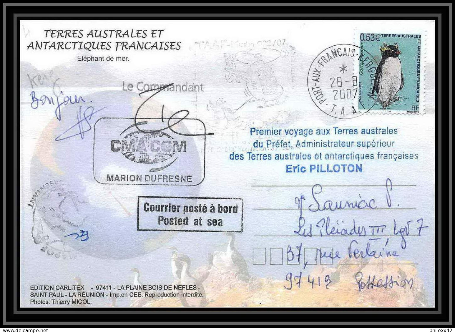 2746 ANTARCTIC Terres Australes (taaf)-carte Postale Dufresne 2 Signé Signed Op 2007/2 N°450 KERGUELEN 28/8/2007 - Antarktis-Expeditionen