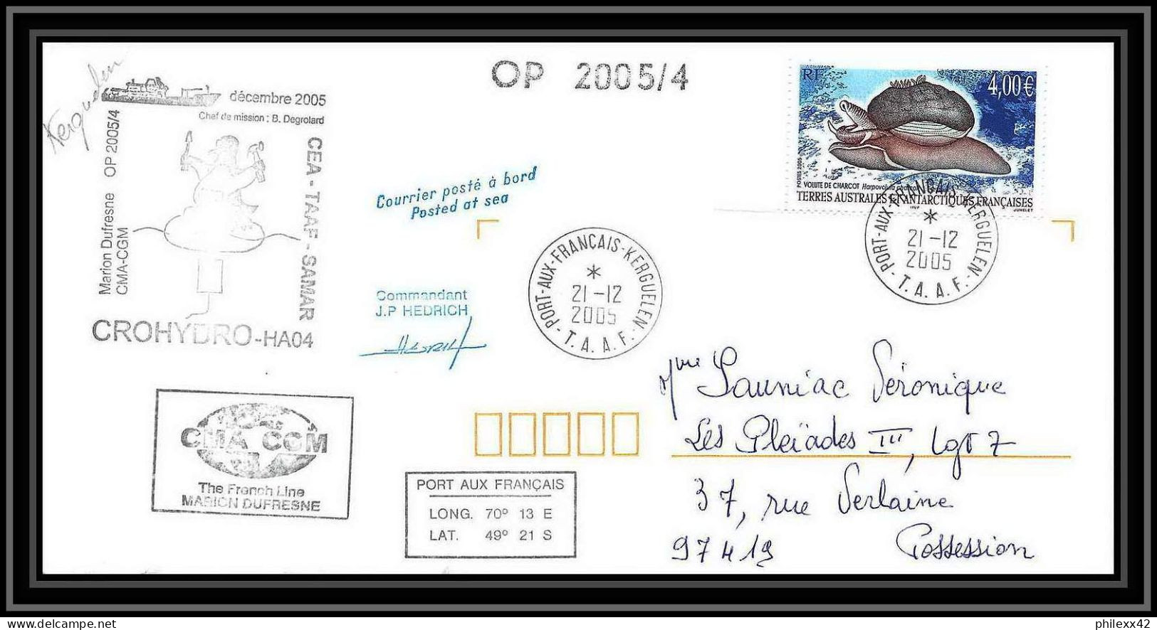 2547 ANTARCTIC Terres Australes TAAF Lettre Dufresne 2 Signé Signed OP 2005/4 Kerguelen 21/12/2005 N°411 Volute - Antarktis-Expeditionen