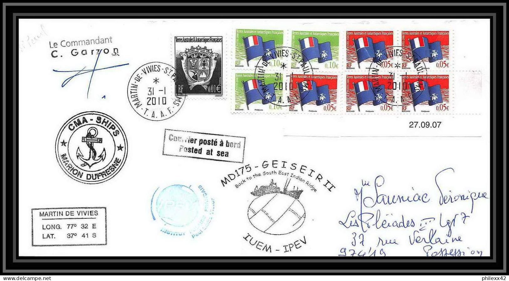 2986 ANTARCTIC Terres Australes TAAF Lettre Cover Dufresne 2 Signé Signed MD 175 31/1/2010 N°496 COIN DATE - Expéditions Antarctiques