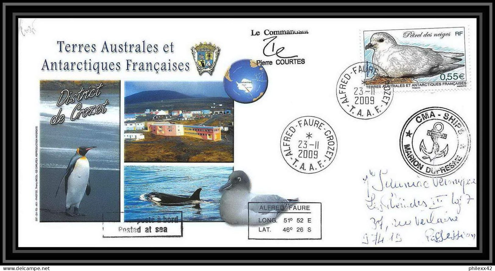 2954 ANTARCTIC Terres Australes TAAF Lettre Dufresne Signé Signed CROZET Portes Ouvertes 23/11/2009 N°534 Petrel Bird - Lettres & Documents