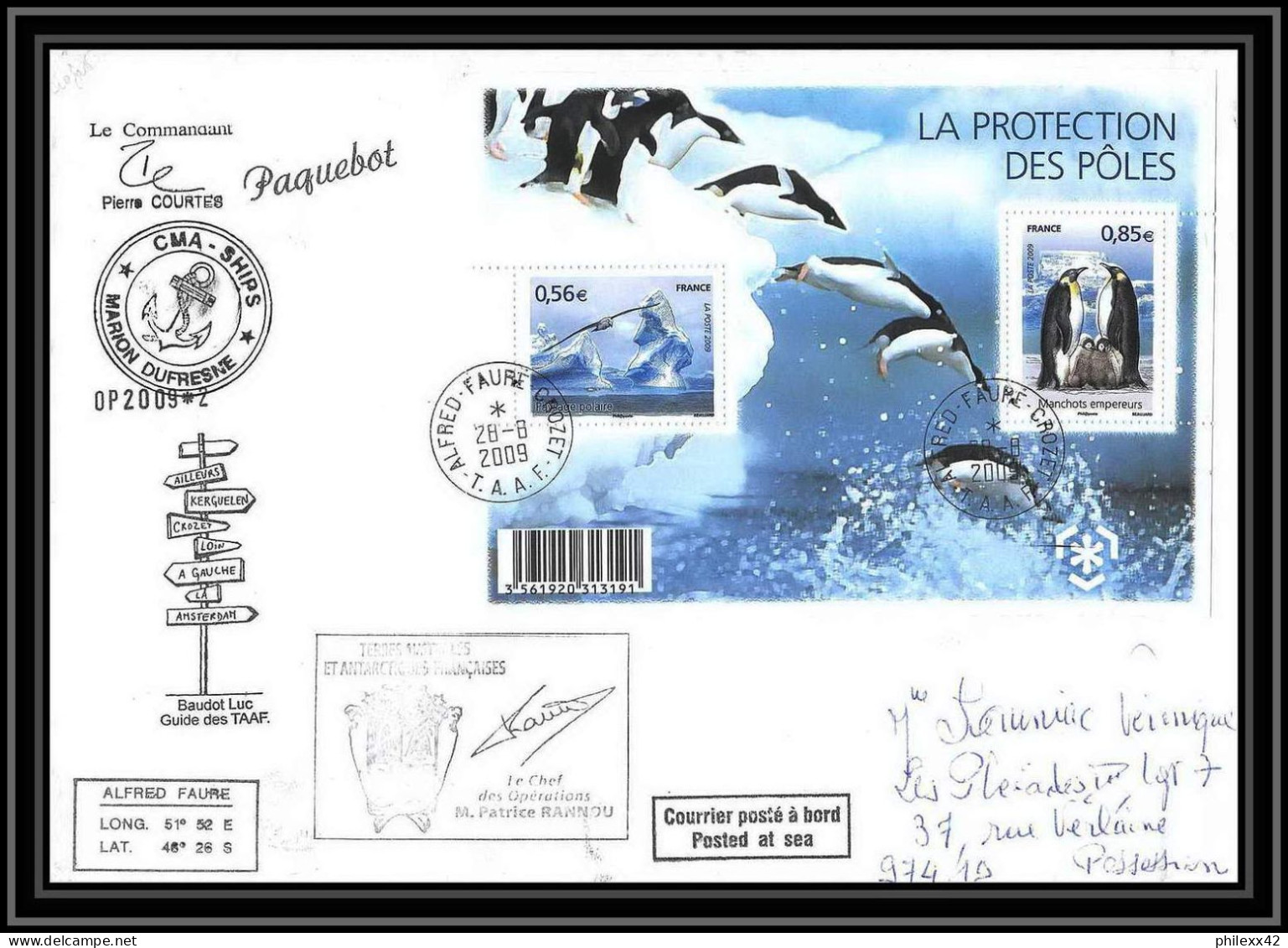 2918 Helilagon Terres Australes TAAF Lettre Dufresne 2 Signé Signed OP 2009/2 Crozet France YT 4350/4351 28/8/2009 - Hubschrauber