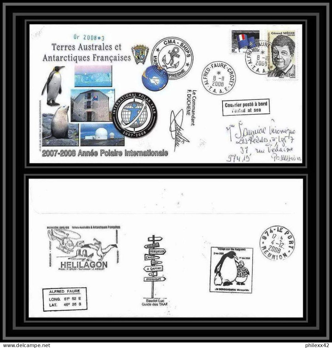 2842 ANTARCTIC Terres Australes TAAF Helilagon Lettre Cover Dufresne Signé Signed Op 2008/3 Crozet 8/11/2008 N°501 - Hubschrauber