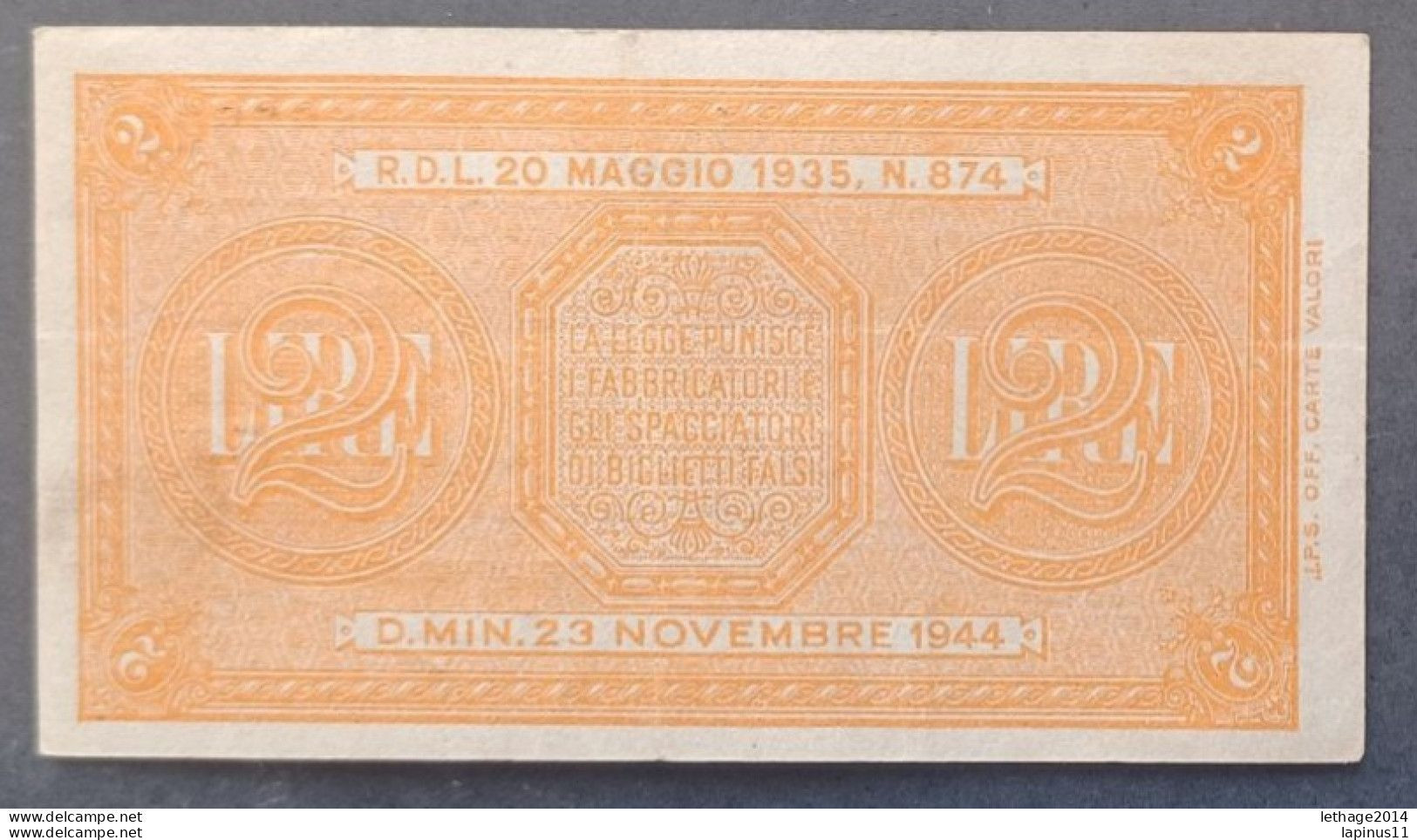 BANKNOTE ITALIA REGNO VITTORIO EMANUELE 2 LIRE 1944 VENTURA GIOVINCO NON CIRCOLATA - Italië – 2 Lire