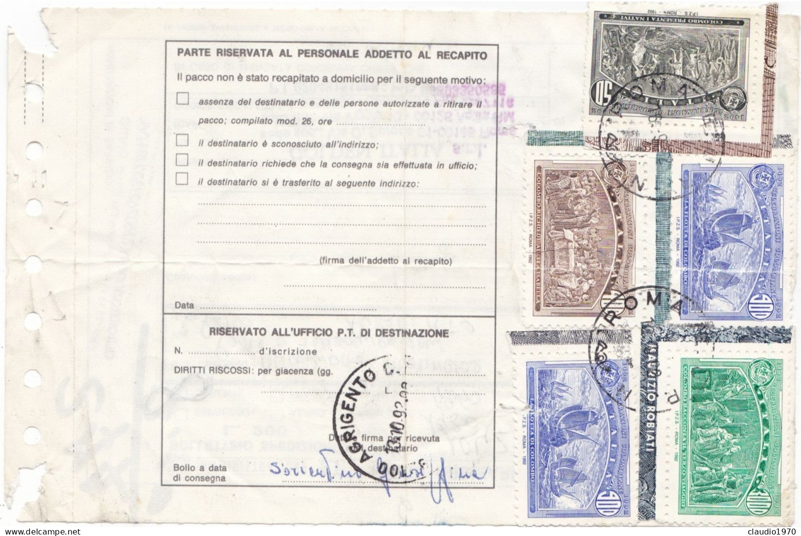 ITALIA  - REPUBBLICA - ROMA  - BOLLENTTINO SPEDIZIONE - VIAGGIATA PER AGRIGENTO - 1992 - 1991-00: Marcophilia