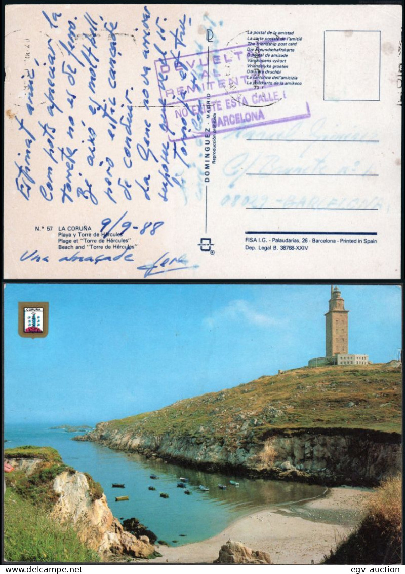 Coruña - O TP - Postal Sin Sellos De Coruña + Marca "Devuelto Al Remitente - No Existe Esta Calle En Barcelona" - Covers & Documents