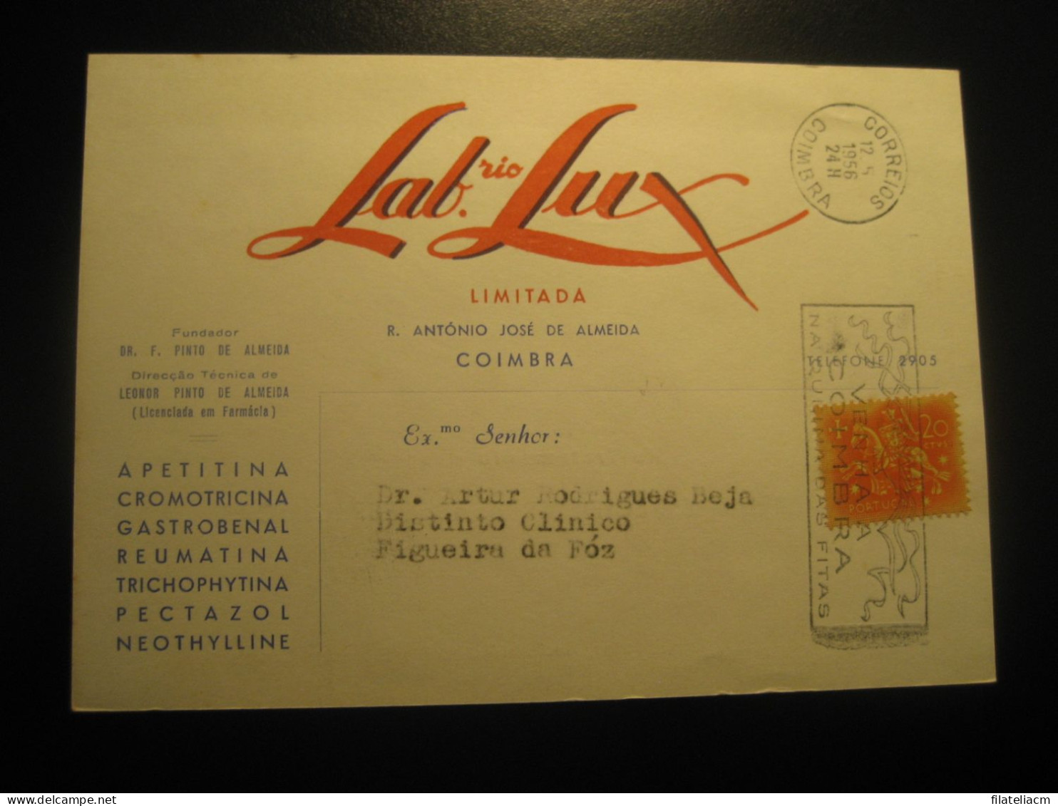 COIMBRA 1956 To Figueira Da Foz Pectarol Laboratory Lux Pharmacy Cancel Card PORTUGAL - Briefe U. Dokumente
