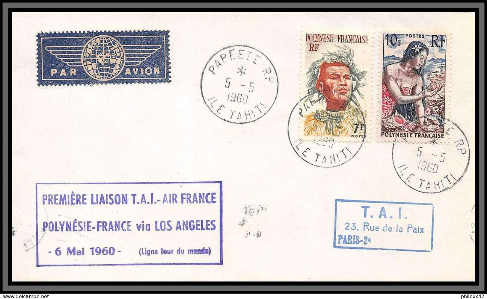 10294 1ère Liaison Aérienne France-Polynésie Los Angélès 6/5/1960 Lettre Cover Polynesie Aviation  - Lettres & Documents