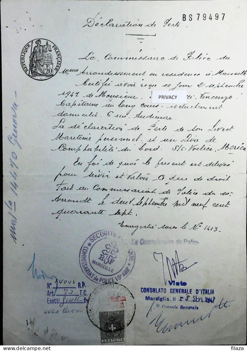 1947 DOCUMENTO - MARCA DA BOLLO CONSOLARE ITALIA REGNO - FRANCIA - S6938 - Steuermarken