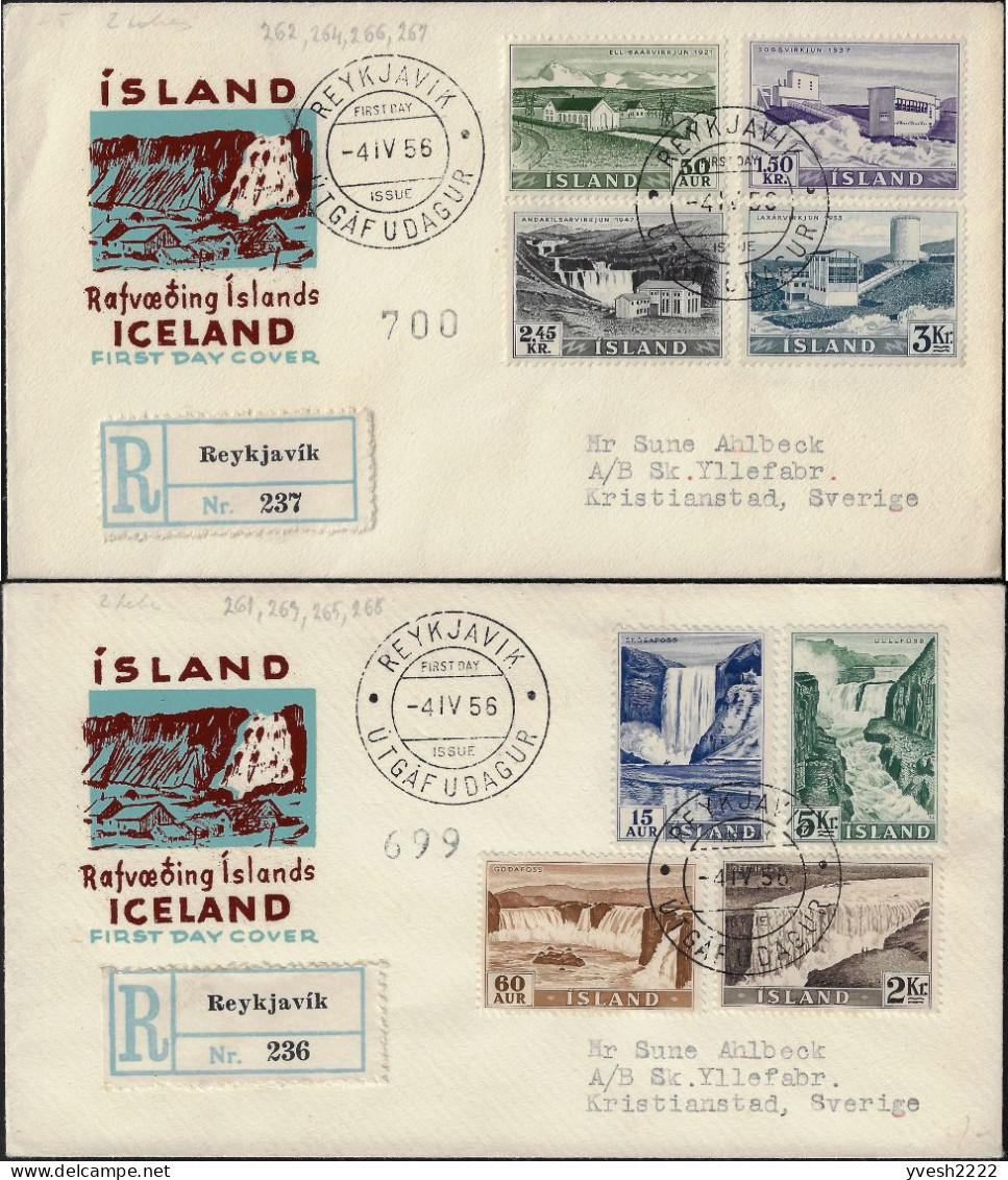 Islande 1956 Y&T 261 à 268 Sur 2 FDC. Électrification, Chutes D'eau, Barrages - Electricity