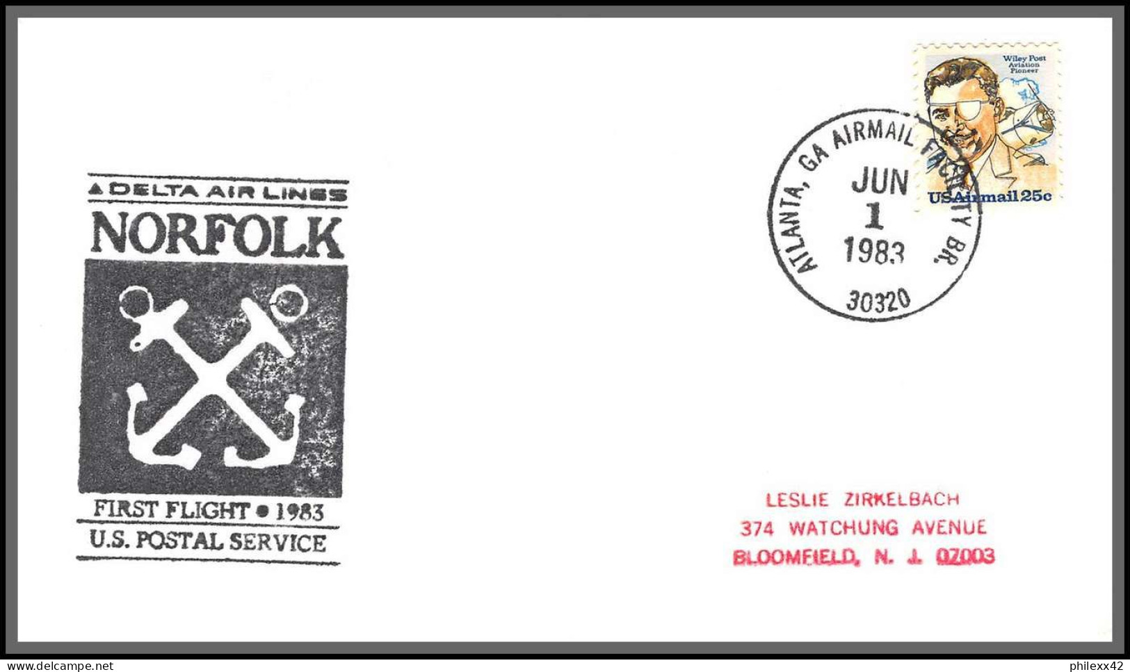 12582 Lot 2 Couleurs Delta Airlines Norfolk Atlanta 1/6/1983 Premier Vol First Flight Lettre Airmail Cover Usa Aviation - 3c. 1961-... Cartas & Documentos