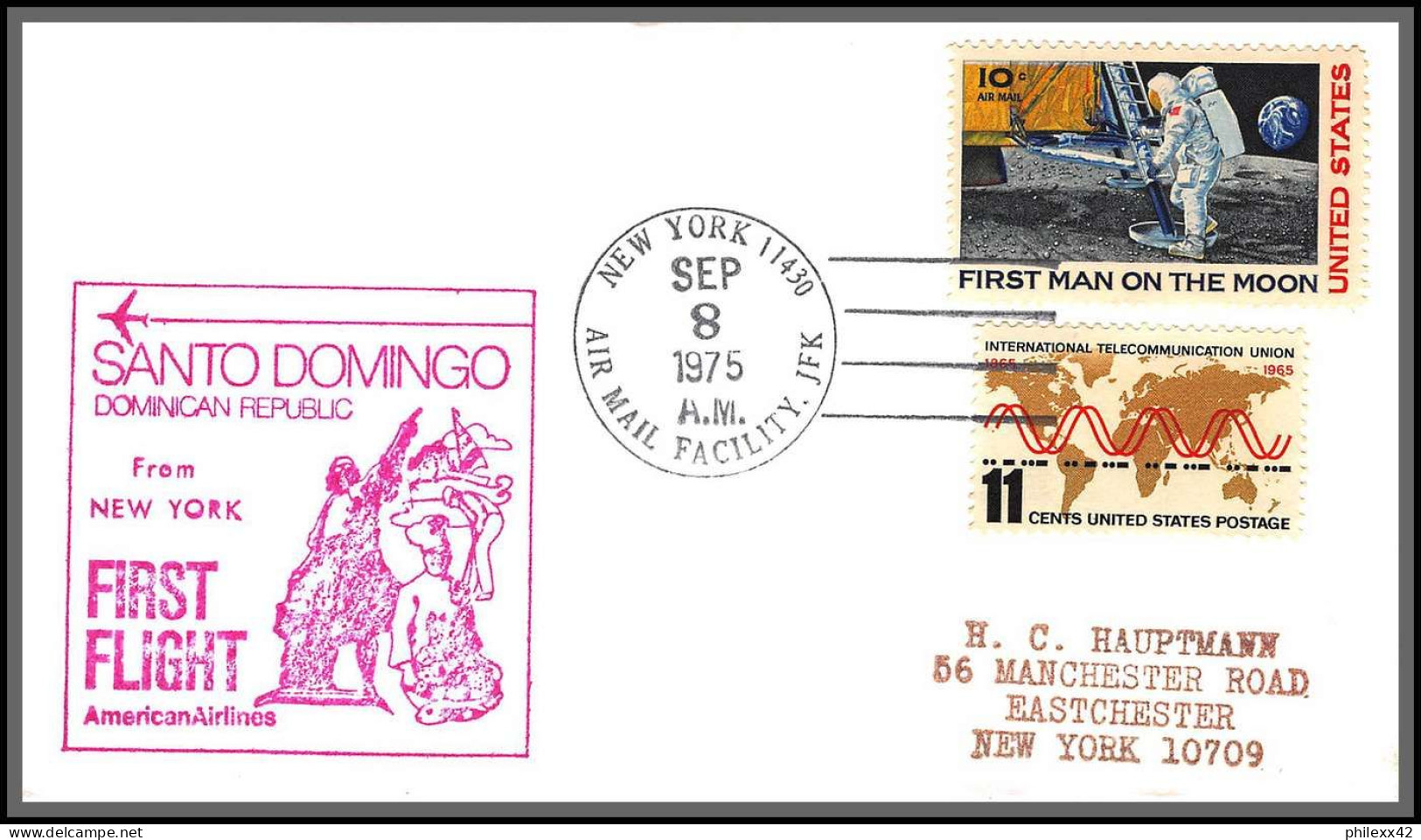 12578 Lot 2 Couleurs New York Santo Domingo Dominican Reoublic 8/9/1975 Premier Vol First Flight Lettre Airmail Cover Us - 3c. 1961-... Briefe U. Dokumente