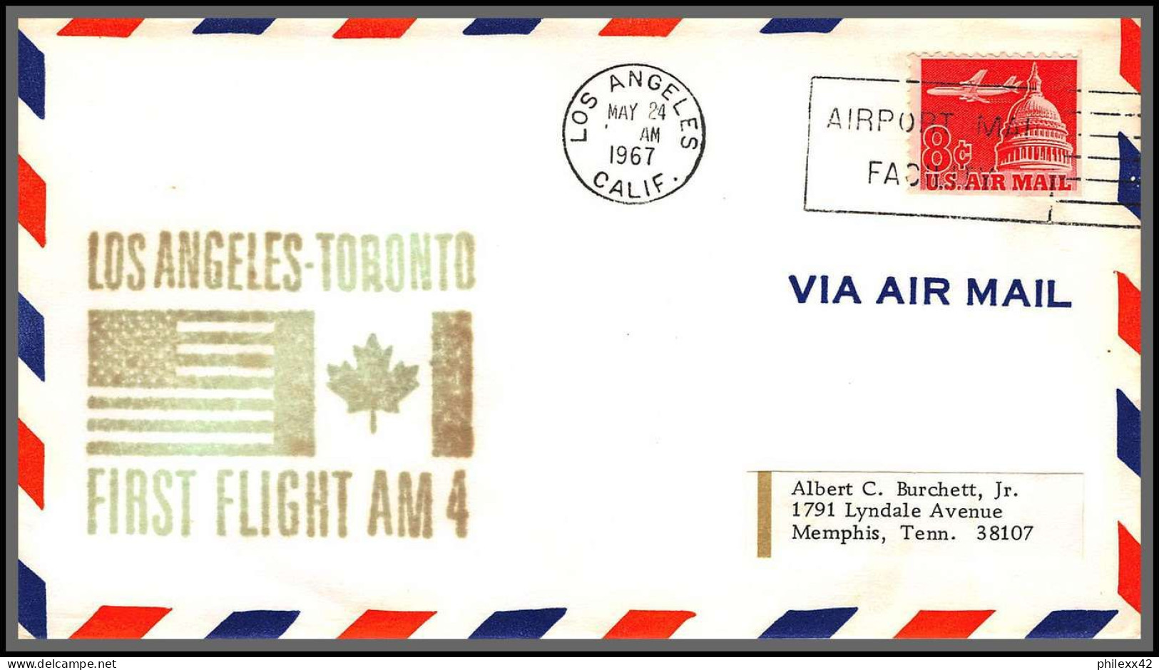 12530 Cachet Vert Am 4 Los Angeles Toronto 24/5/1967 Premier Vol First Flight Lettre Airmail Cover Usa Aviation - 3c. 1961-... Briefe U. Dokumente