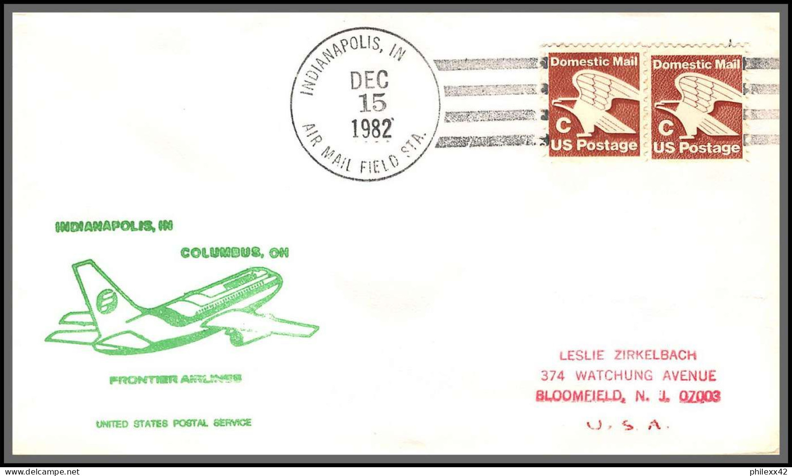 12581 Lot De 3 Frontier Airlines Denver Indianapolis Columbus 15/12/1982 Premier Vol First Flight Lettre Airmail Cover - 3c. 1961-... Lettres