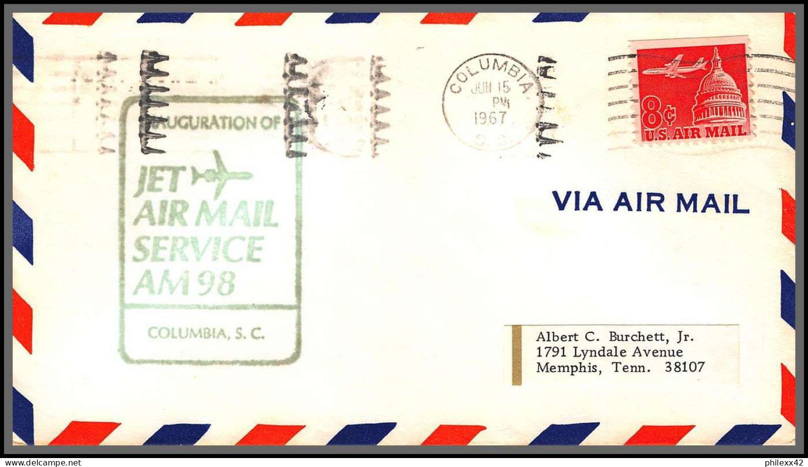 12510 Am 98 Columbia 15/6/1967 Inauguration Premier Vol First Flight Lettre Jet Air Mail Service Cover Usa Aviation - 3c. 1961-... Briefe U. Dokumente