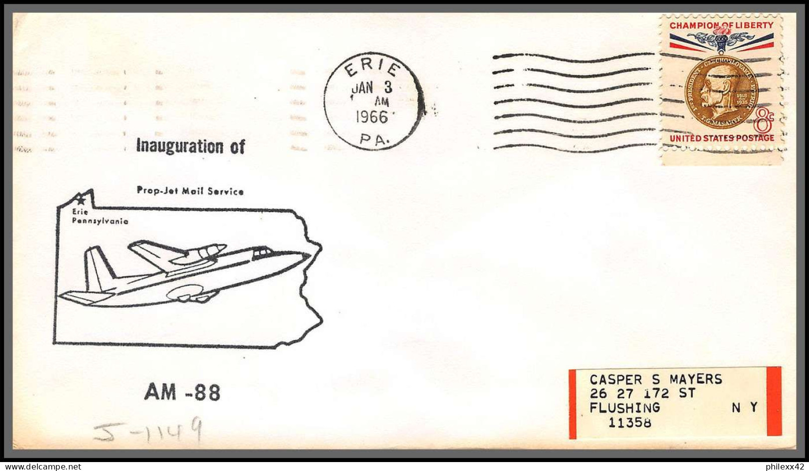 12438 Am 88 Inauguration Prop Jet Mail Service Erie 3/1/1966 Premier Vol First Flight Lettre Airmail Cover Usa Aviation - 3c. 1961-... Briefe U. Dokumente
