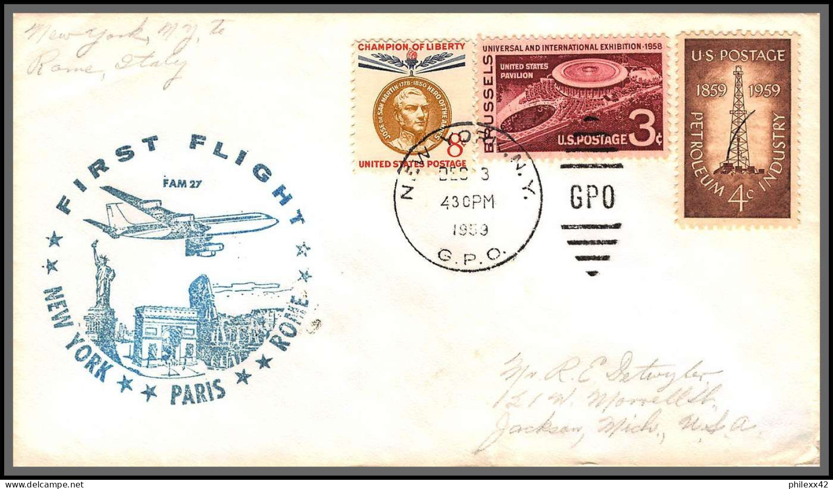 12316 Fam 27 New York Paris Roma 3/12/1959 Premier Vol First Flight Lettre Airmail Cover Usa Aviation - 2c. 1941-1960 Brieven