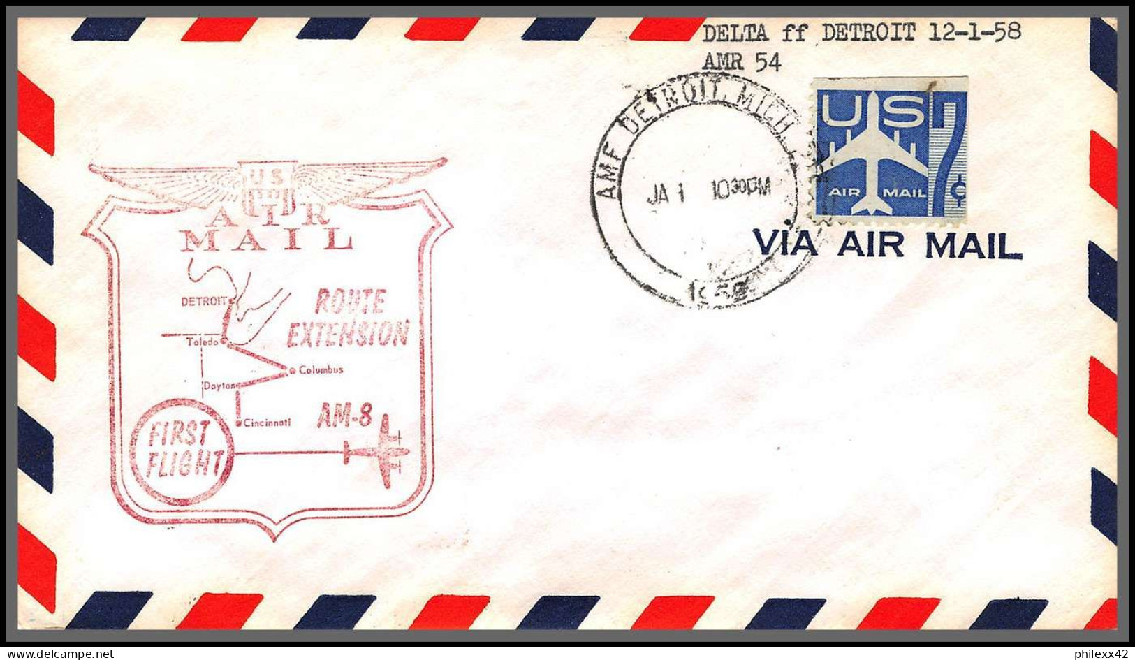 12328 Am 8 Detroit 12/1/1959 Delta Airlines Premier Vol First Flight Lettre Airmail Cover Usa Aviation - 2c. 1941-1960 Lettres