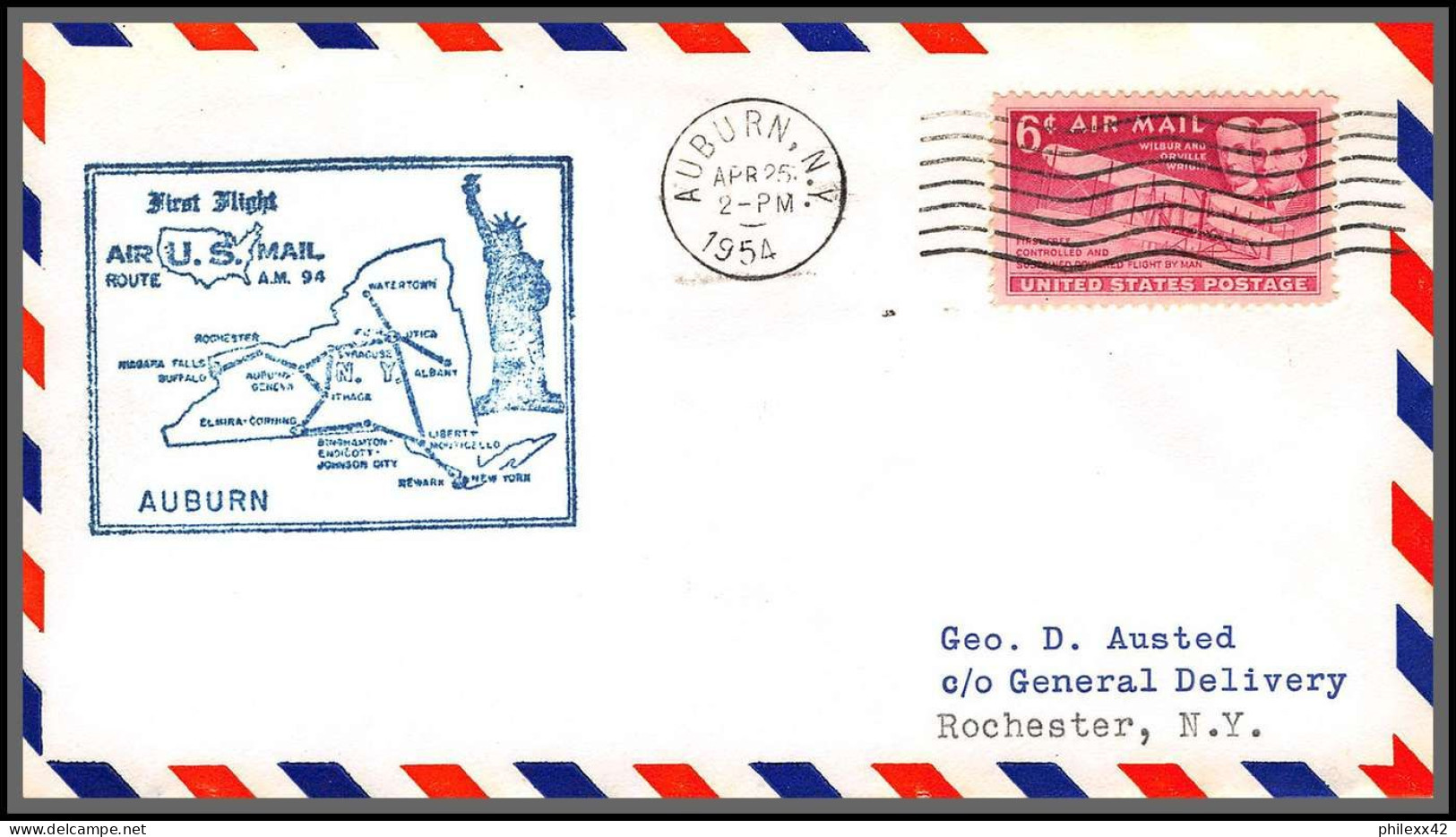 12271 Am 94 Auburn 25/4/1954 Premier Vol First Flight Lettre Airmail Cover Usa Aviation - 2c. 1941-1960 Covers