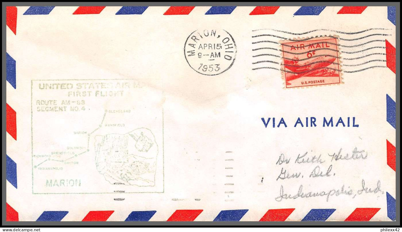 12249 Cachet Vert Am 88 Marion 15/4/1953 Premier Vol First Flight Lettre Airmail Cover Usa Aviation - 2c. 1941-1960 Lettres