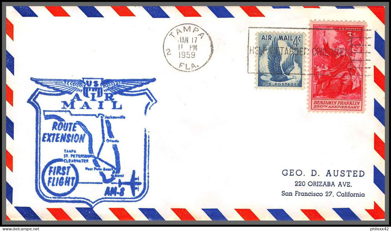 12330 am 14 extension lot de 6 tampa jacksonville miami orlando janvier 1959 premier vol first flight lettre airmail