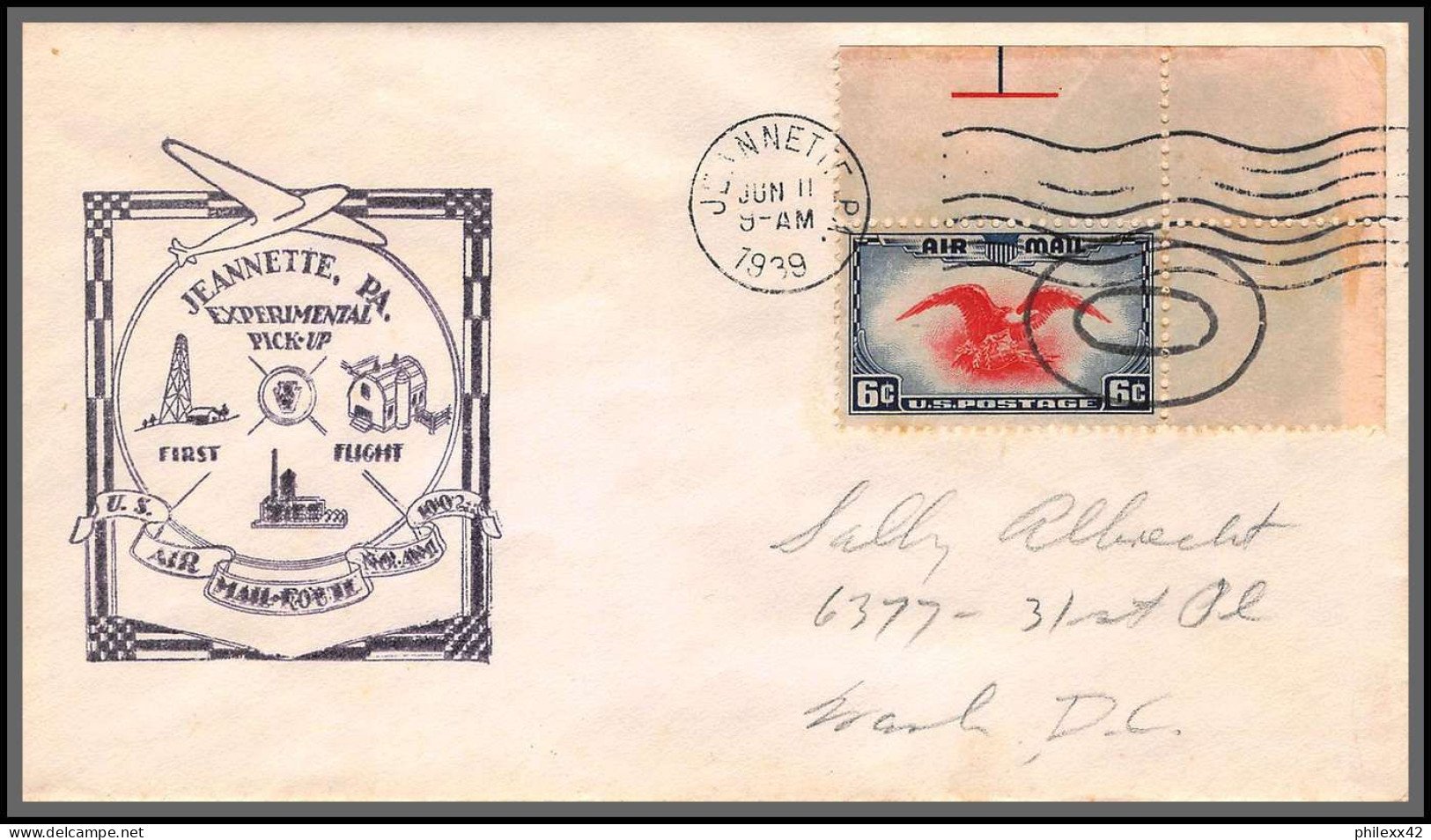 12155 Am 1002 Experimental Pick Up Route Jeannette 11/6/1939 Premier Vol First Flight Lettre Airmail Cover Usa Aviation - 1c. 1918-1940 Lettres