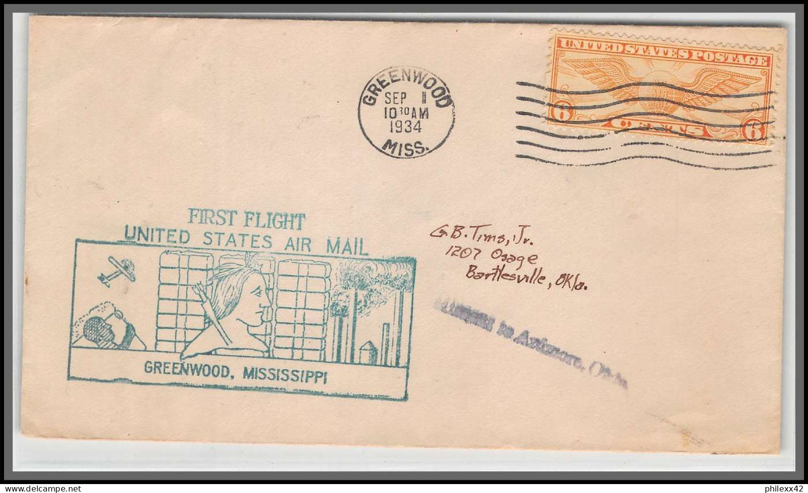 12091 Greenwood Mississipi 1/9/1934 Premier Vol First Flight Lettre Airmail Cover Usa Aviation - 1c. 1918-1940 Briefe U. Dokumente