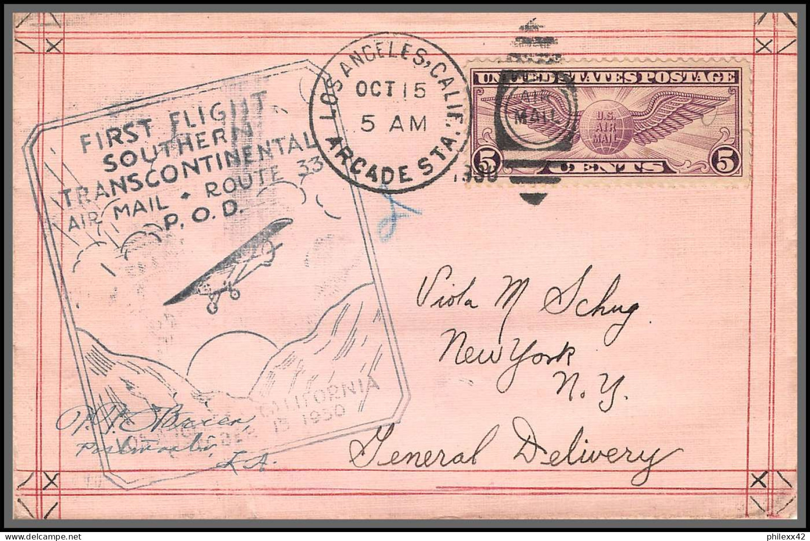 12030 Los Angeles 15/10/1930 Premier Vol First Flight Route 33 Southern Transcontinental Lettre Airmail Cover Usa  - 2c. 1941-1960 Covers