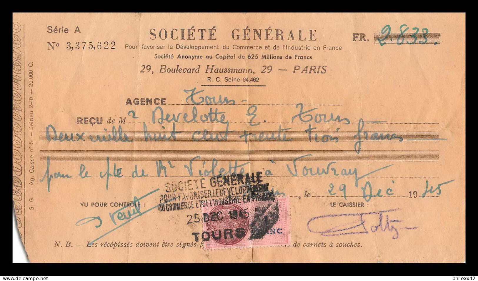 12968 Société Génrale Paris Vouvray Violette 1945 Timbre Fiscal Fiscaux Sur Document France - Cartas & Documentos
